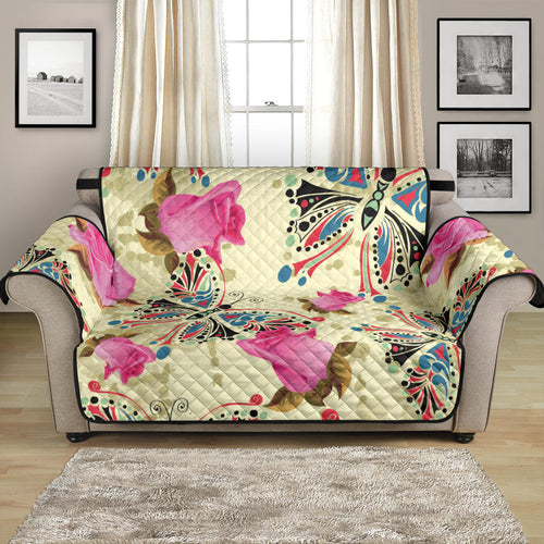 Butterfly Pink Rose Pattern Loveseat Couch Cover Protector