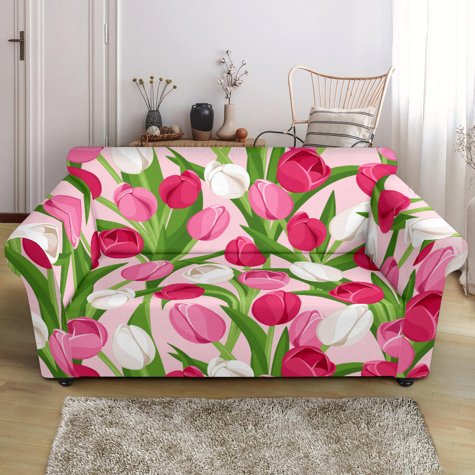 Pink White Tulip Pattern Loveseat Couch Slipcover