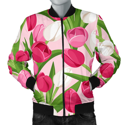 Pink White Tulip Pattern Men Bomber Jacket