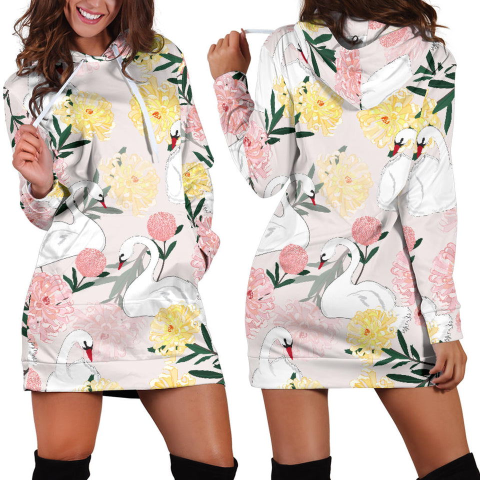 Swan Flower Pattern Women Hoodie Dress