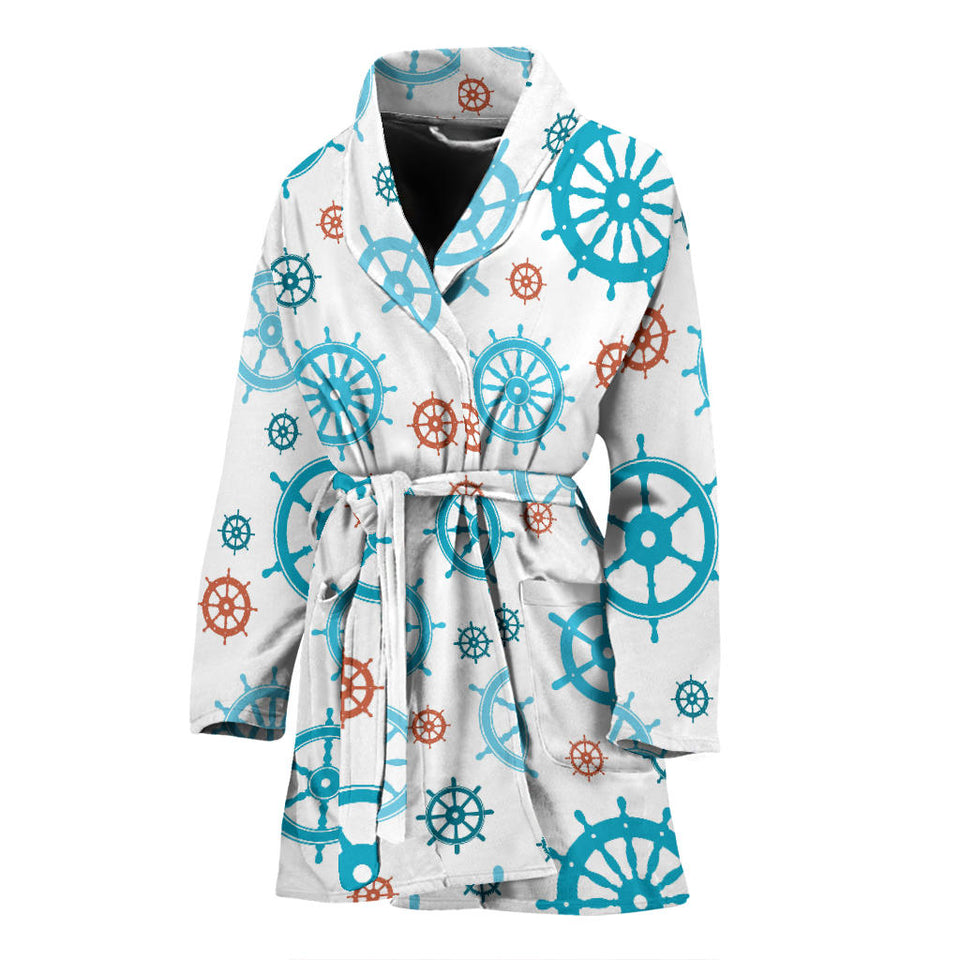 Nautical Steering Wheel Rudder Pattern Background Women Bathrobe