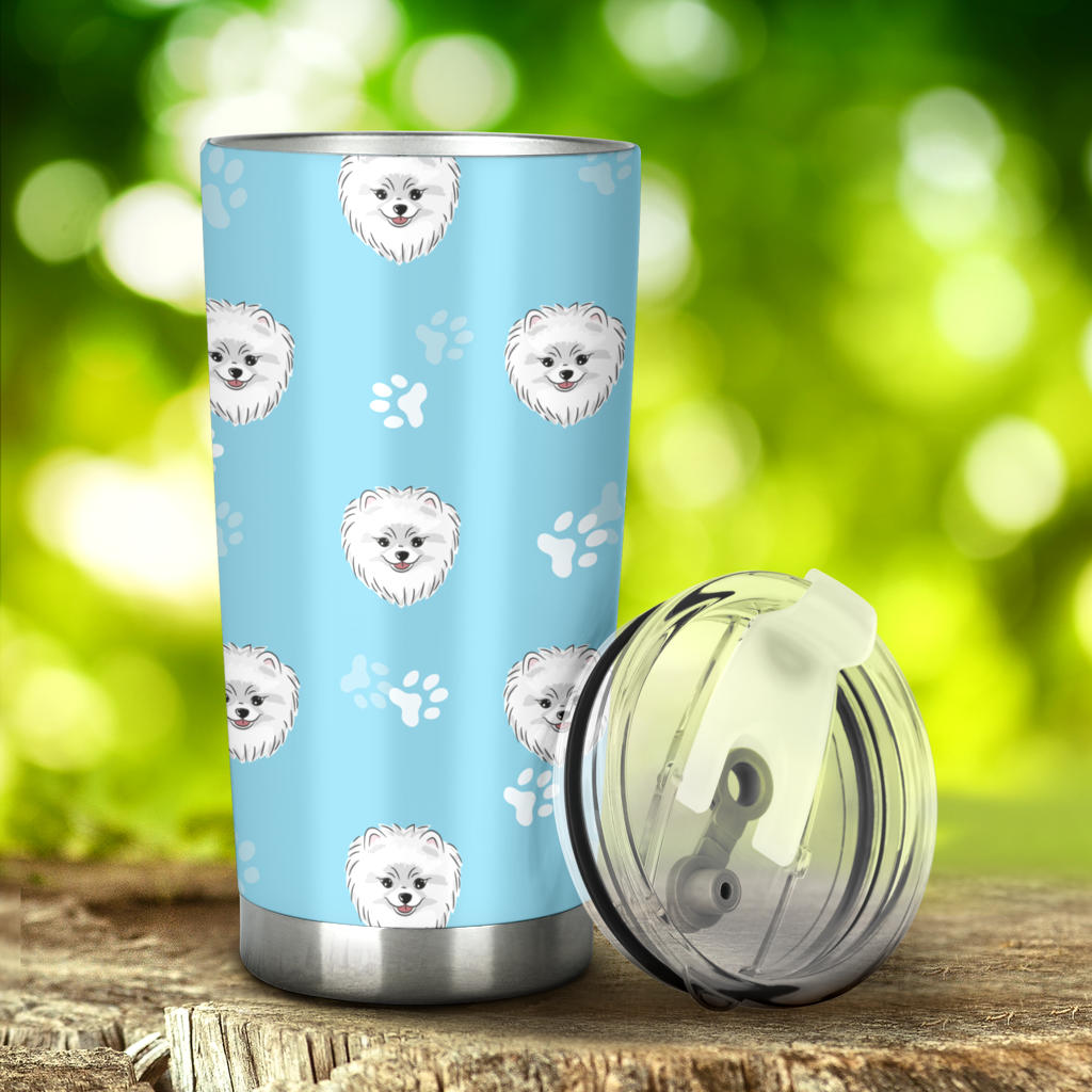 Pomeranian Pattern Blue Background Tumbler