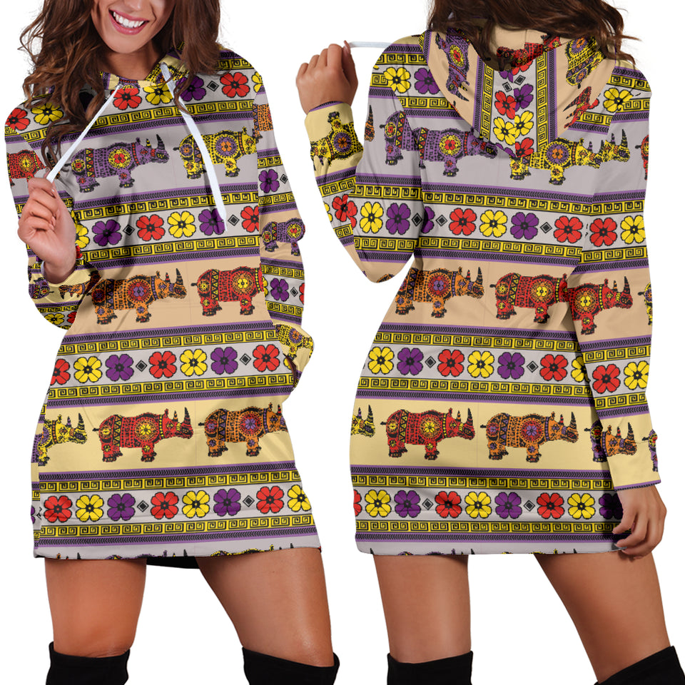 Rhino African Afro Dashiki Adinkra Kente Pattern Women Hoodie Dress