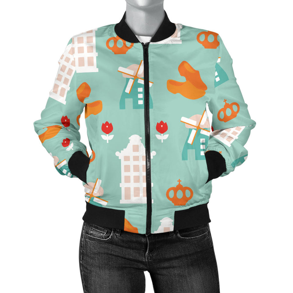 Windmill Pattern Theme Women Bomber Jacket