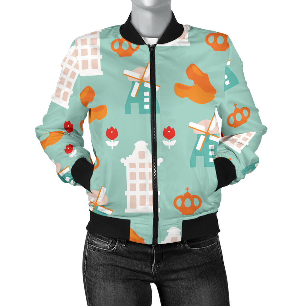 Windmill Pattern Theme Women Bomber Jacket