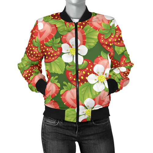 Strawberry Leaves Flower Pattern Women Bomber Jacket