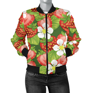 Strawberry Leaves Flower Pattern Women Bomber Jacket