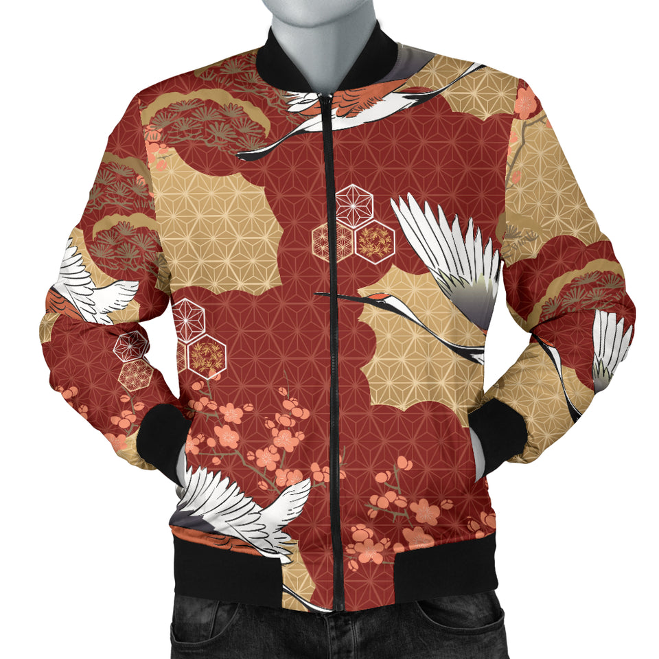 Japanese Crane Theme Pattern Men Bomber Jacket