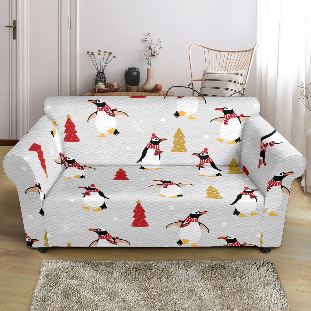 Penguin Christmas Tree Pattern Loveseat Couch Slipcover