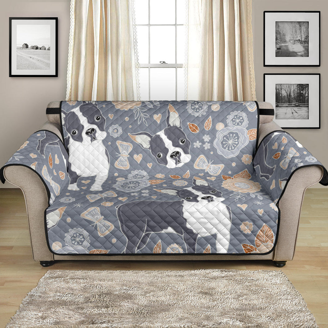 Boston Terrier Flower Pattern Gray Background Loveseat Couch Cover Protector