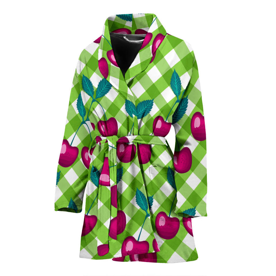 Cherry Pattern Green Background Women Bathrobe