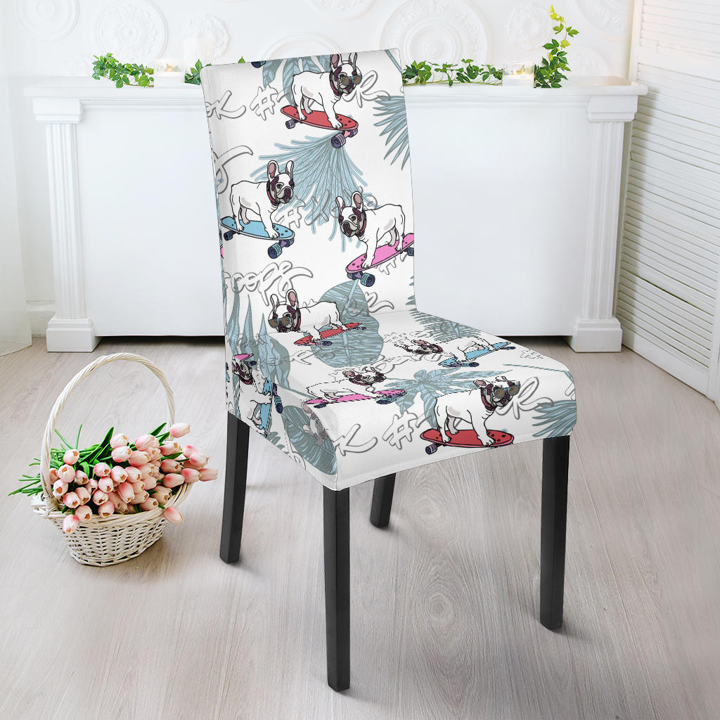 French Bulldog Skating Pattern Dining Chair Slipcover