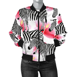 Zebra Red Hibiscus Pattern Women Bomber Jacket
