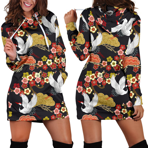 Japanese Crane Pattern Women Hoodie Dress