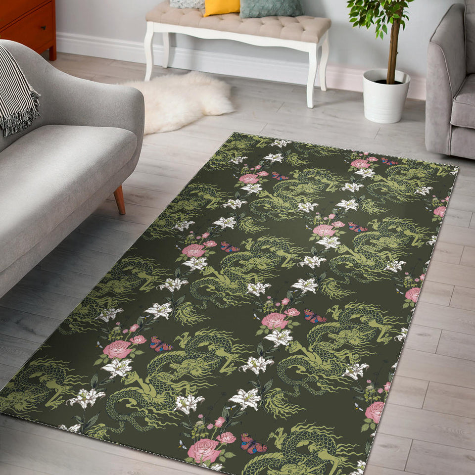 Green Dragon Rose Flower Pattern Area Rug