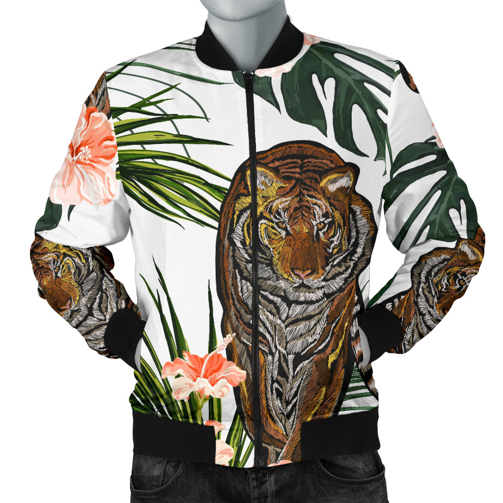 Bengal Tiger Hibicus Pattern Men Bomber Jacket