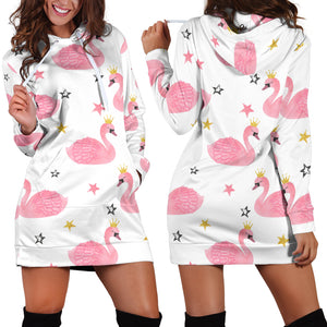 Pink Swan Pattern Women Hoodie Dress