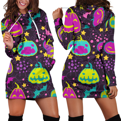 Halloween Pumpkin Bat Pattern Women Hoodie Dress