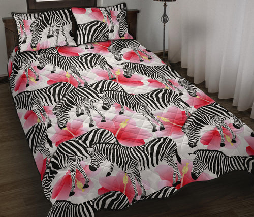 Zebra Red Hibiscus Pattern Quilt Bed Set