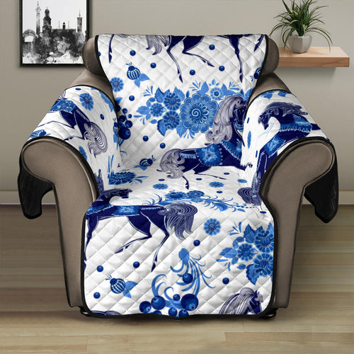 Horse Flower Blue Theme Pattern Recliner Cover Protector