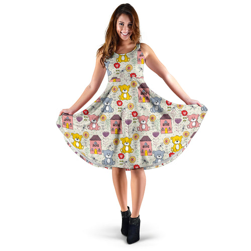 Teddy Bear Pattern Print Design 04 Sleeveless Midi Dress