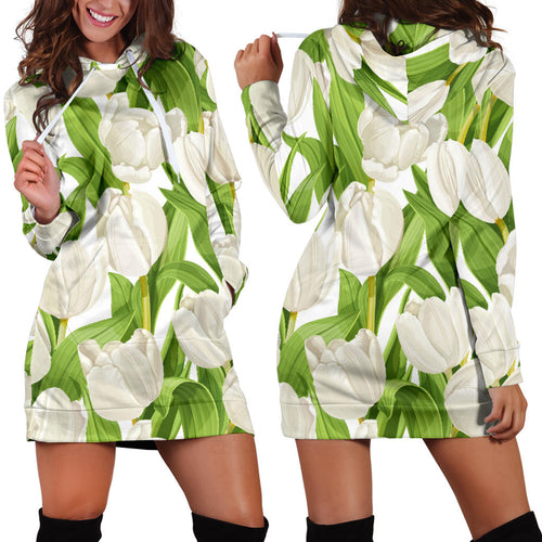 White Tulip Pattern Women Hoodie Dress