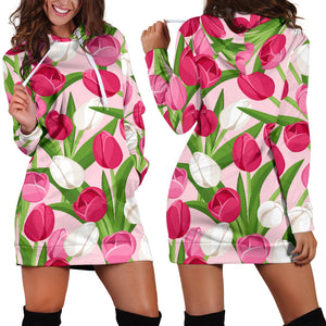 Pink White Tulip Pattern Women Hoodie Dress