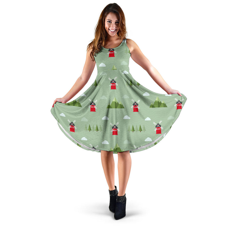 Windmill Green Pattern Sleeveless Midi Dress