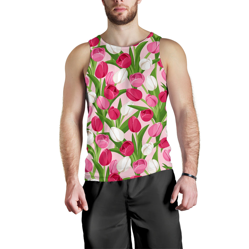 Pink White Tulip Pattern Men Tank Top