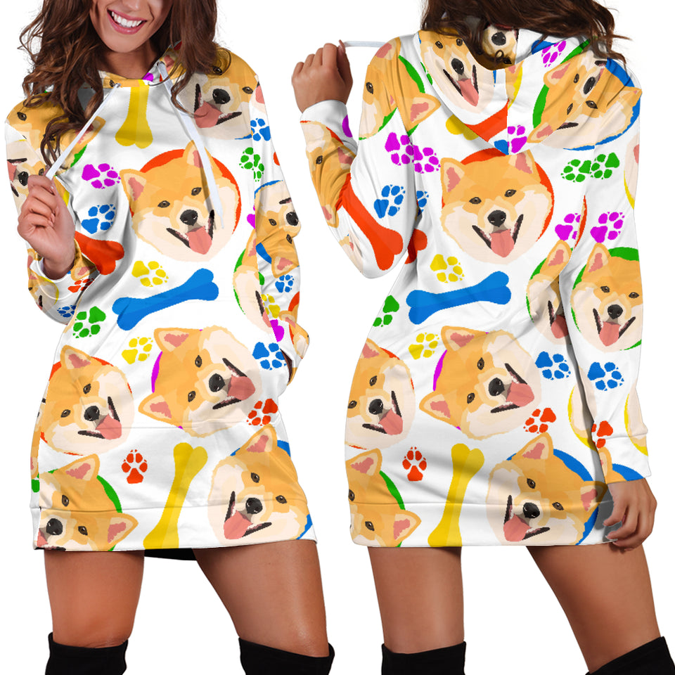 Shiba Inu Paw Bone Pattern Women Hoodie Dress