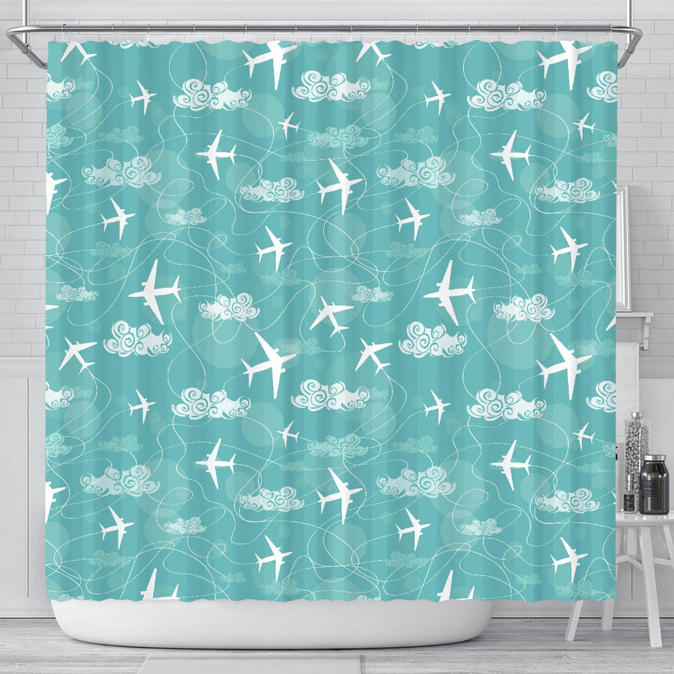 Airplane Cloud Pattern Green Background Shower Curtain Fulfilled In US