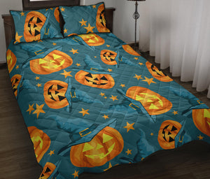 Halloween Pumpkin Witch Hat Pattern Quilt Bed Set