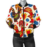 Colorful Rooster Chicken Guitar Pattern Women Bomber Jacket