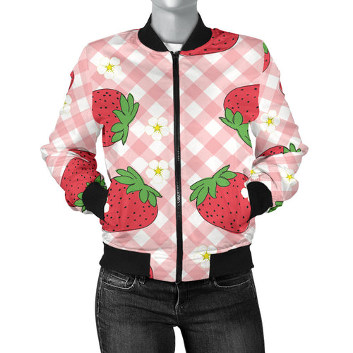 Strawberry Pattern Stripe Background Women Bomber Jacket
