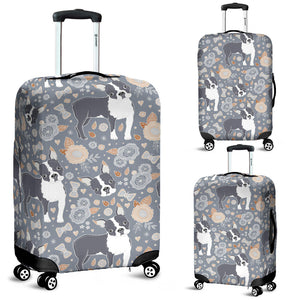 Boston Terrier Flower Pattern Gray Background Luggage Covers