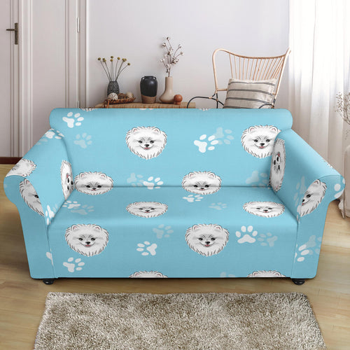 Pomeranian Pattern Blue Background Loveseat Couch Slipcover