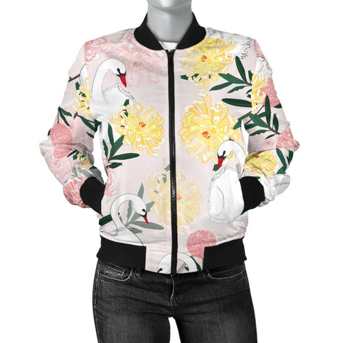 Swan Flower Pattern Women Bomber Jacket