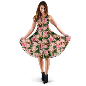 Rose Pattern Print Design 04 Sleeveless Midi Dress