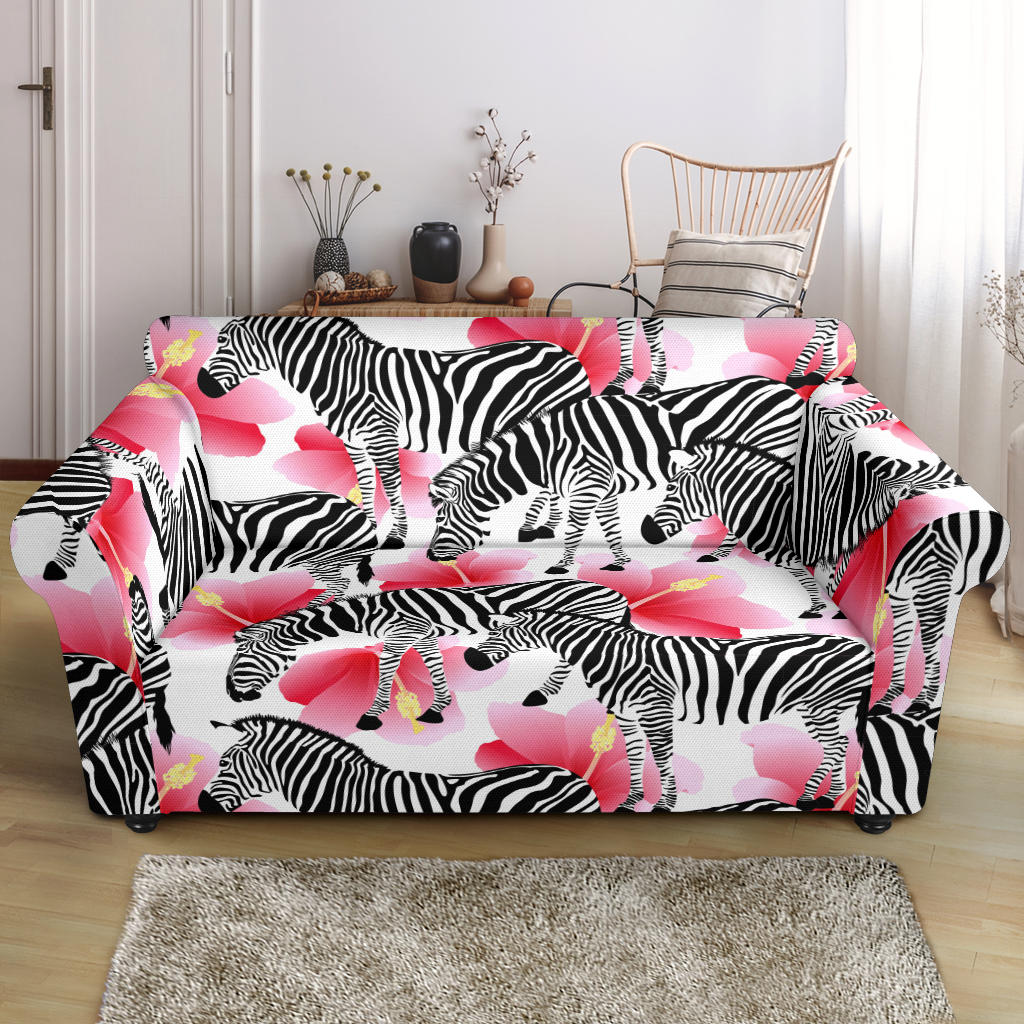 Zebra Red Hibiscus Pattern Loveseat Couch Slipcover