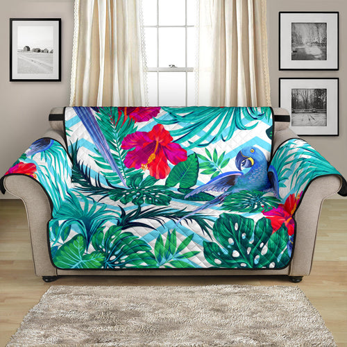 Blue Parrot Hibiscus Pattern Loveseat Couch Cover Protector