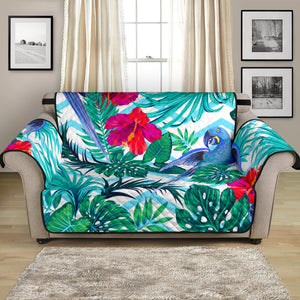 Blue Parrot Hibiscus Pattern Loveseat Couch Cover Protector