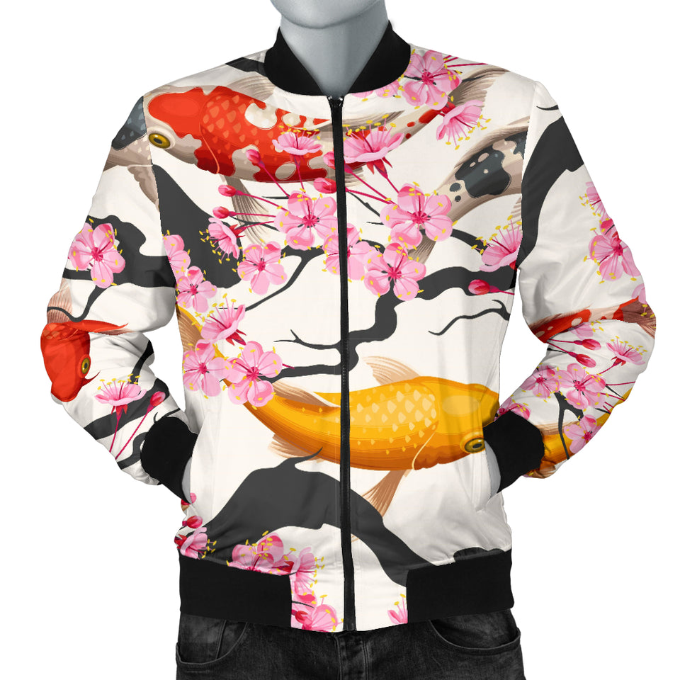 Colorful Koi Fish Carp Fish and Sakura Pattern Men Bomber Jacket