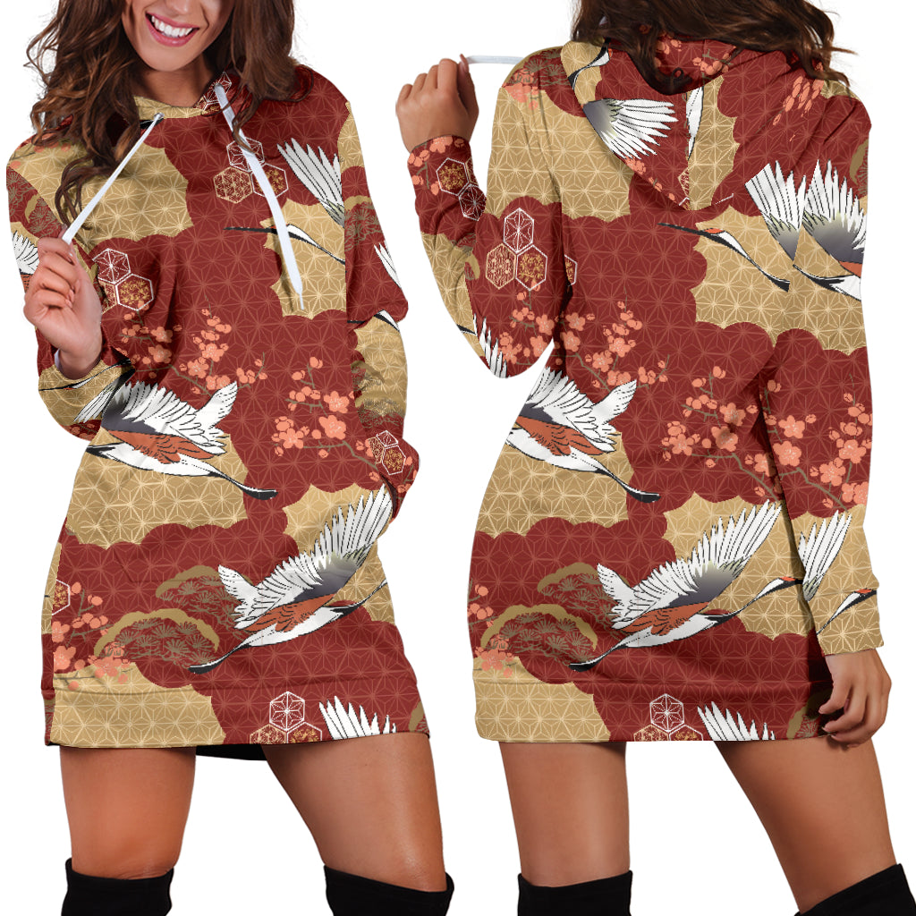 Japanese Crane Theme Pattern Women Hoodie Dress