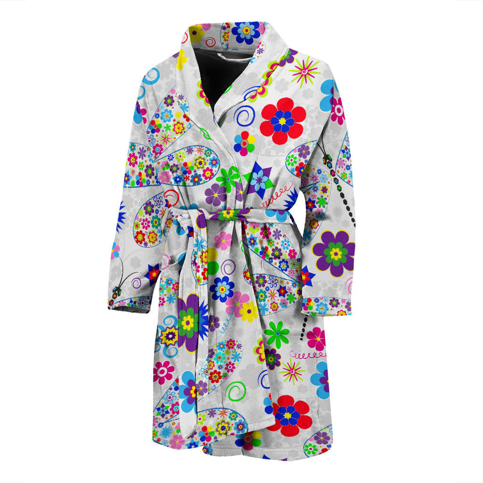 Dragonfly Color Flower Pattern Men Bathrobe