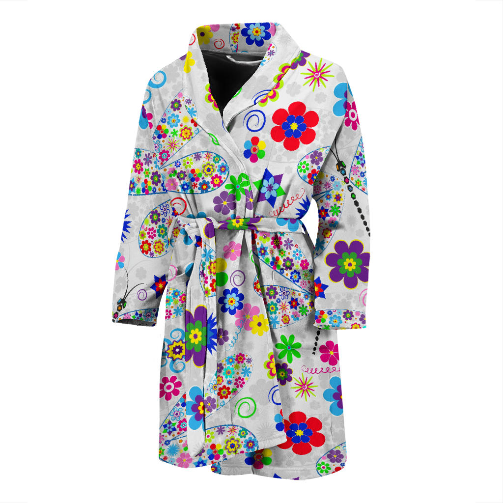Dragonfly Color Flower Pattern Men Bathrobe