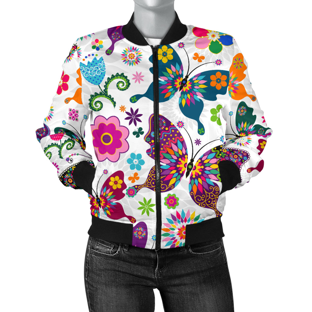Colorful Butterfly Flower Pattern Women Bomber Jacket