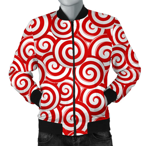 Red and White Candy Spiral Lollipops Pattern Men Bomber Jacket