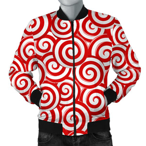 Red and White Candy Spiral Lollipops Pattern Men Bomber Jacket