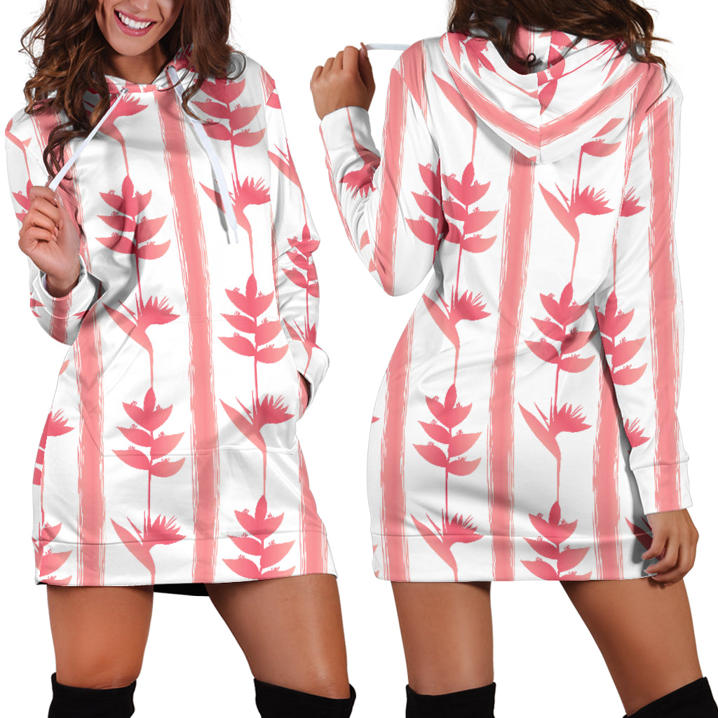 Heliconia Pink White Pattern Women Hoodie Dress