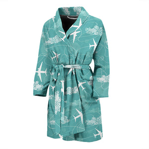 Airplane Cloud Pattern Green Background Men Bathrobe